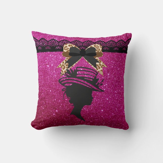 Lady with Hat Hot Pink Faux Glitter Throw Pillow (Front)