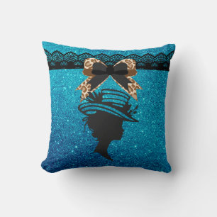 Lady with Hat Royal Blue Faux Glitter Throw Pillow