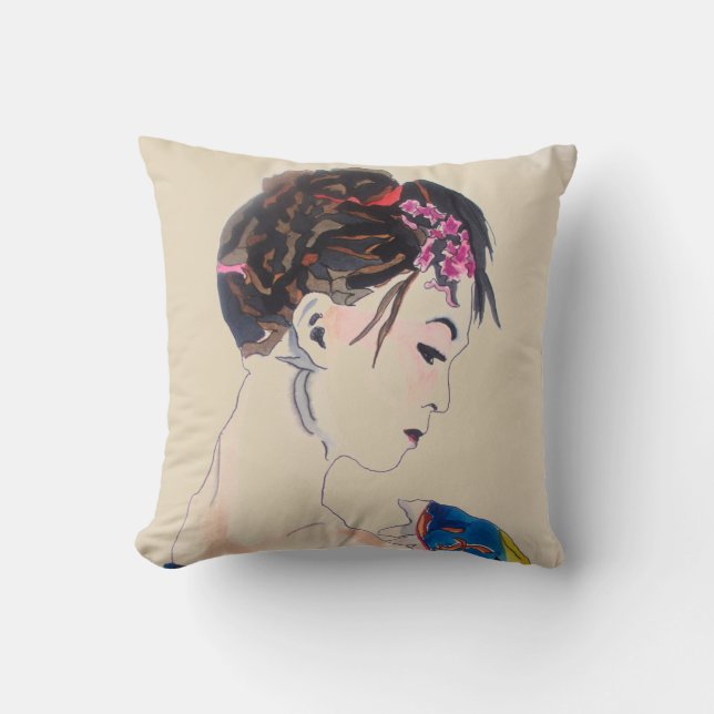 Lady with kimono throw pillow (Front)