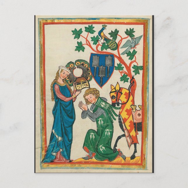 Lady with Knight, 14th Century Medieval Manuscript Postcard (Front)