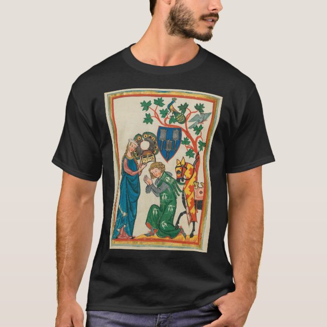 Lady with Knight, 14th Century Medieval Manuscript T-Shirt (Front)