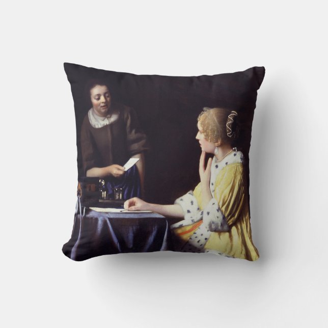 Lady with Maidservant Holding Letter Vermeer Throw Pillow (Front)