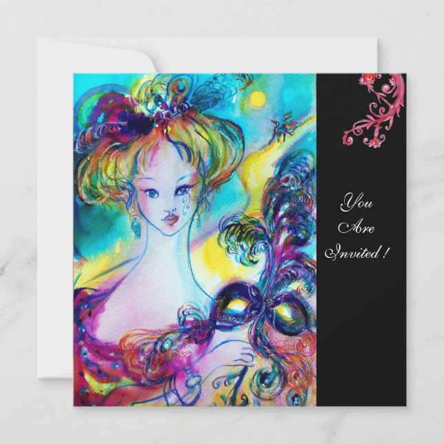 LADY WITH MASK / Venetian Masquerade Ball,black Invitation (Front)