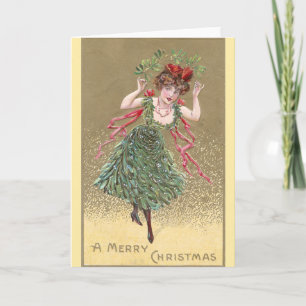 Lady with Mistletoe Dress Vintage Christmas Holiday Card