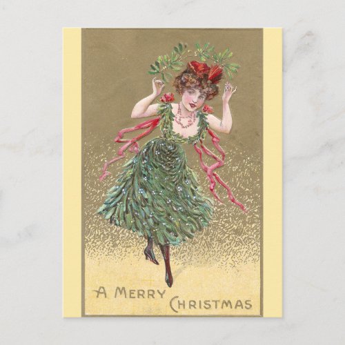 Lady with Mistletoe Dress Vintage Christmas Holiday Postcard