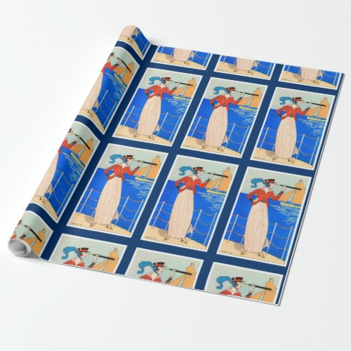 LADY WITH MONOCLE ART DECO NAUTICAL BEAUTY FASHION WRAPPING PAPER
