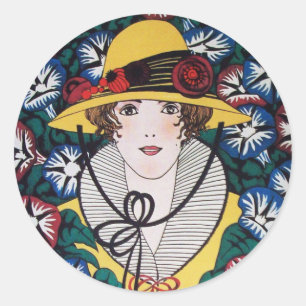 Lady with Morning Glories Classic Round Sticker