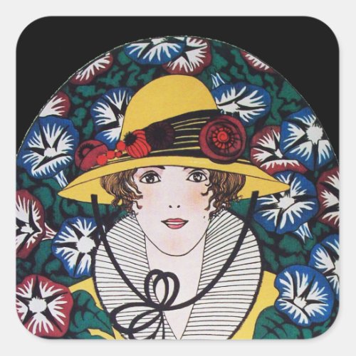 Lady with Morning Glories Square Sticker