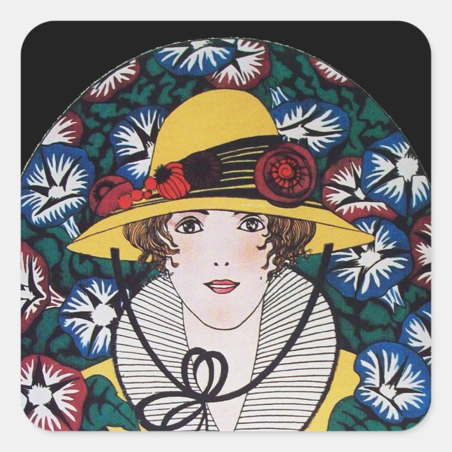 Lady with Morning Glories Square Sticker (Front)