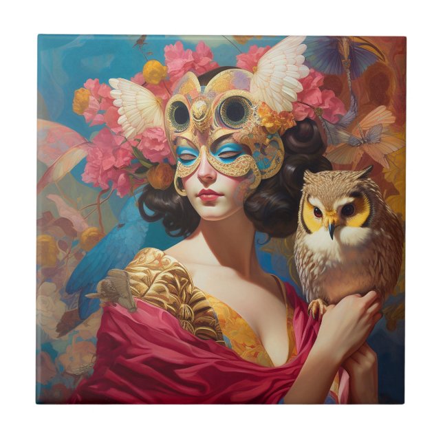 Lady With Owl Fantasy Art Ceramic Tile (Front)