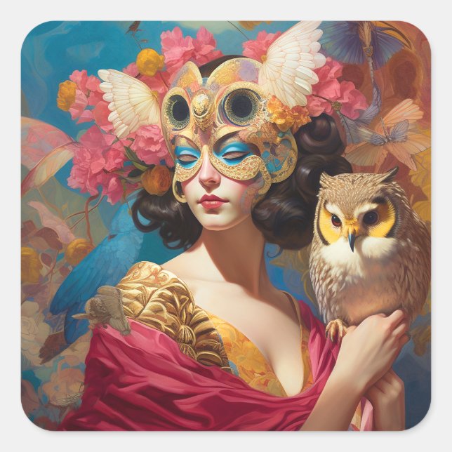 Lady With Owl Fantasy Art Square Sticker (Front)