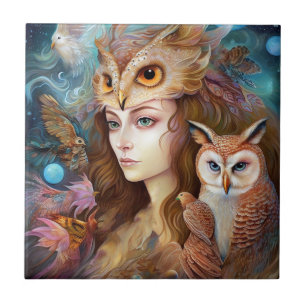 Lady With Owl Surreal Fantasy Art Ceramic Tile