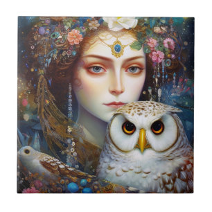 Lady With Owl Surreal Fantasy Art Ceramic Tile