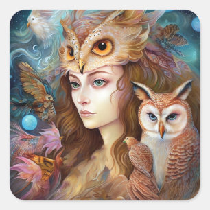 Lady With Owl Surreal Fantasy Art Square Sticker