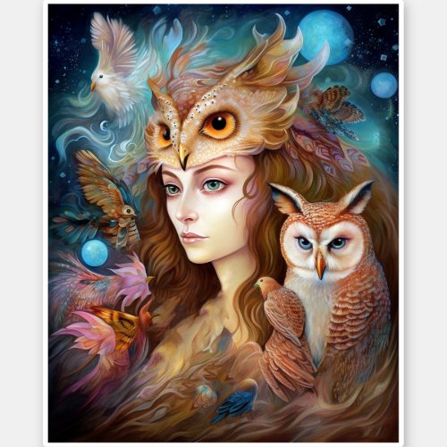 Lady With Owl Surreal Fantasy Art Sticker