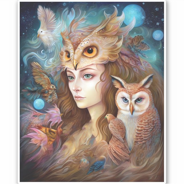 Lady With Owl Surreal Fantasy Art Sticker (Front)