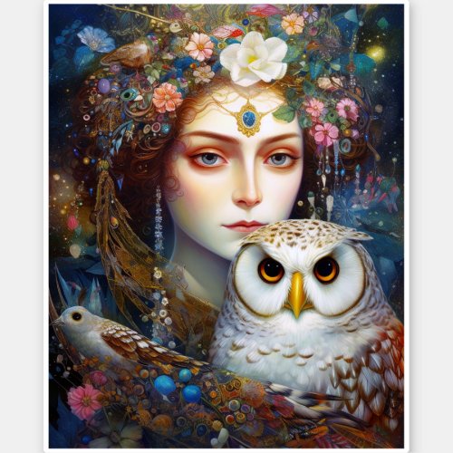 Lady With Owl Surreal Fantasy Art Sticker