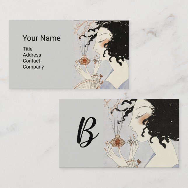 LADY WITH PERFUME BOTTLE ART DECO BEAUTY Monogram  Business Card (Front/Back)