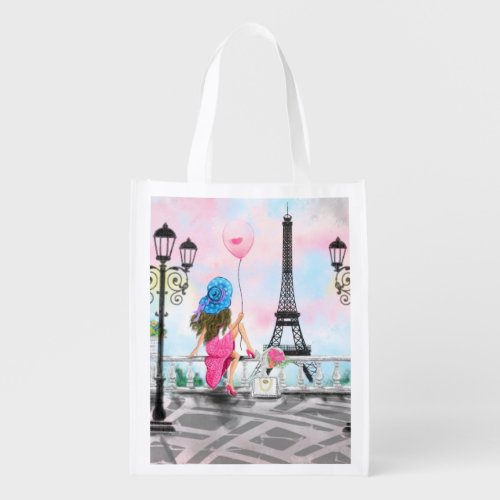 Lady with Pink Balloon Grocery Bag _ I Love Paris