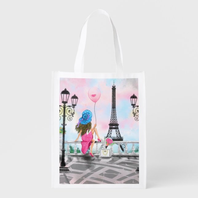 Lady with Pink Balloon Grocery Bag - I Love Paris (Front)