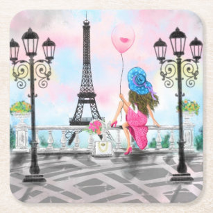 Lady with Pink Balloon Paper Coaster  I Love Paris