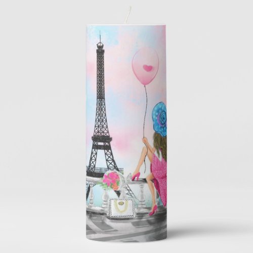 Lady with Pink Balloon Pillar Candle  I Love Paris