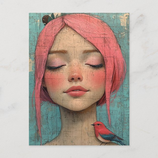 Lady with pink hair and a bird on her shoulder postcard (Front)