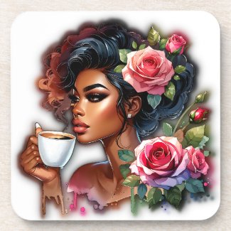 Lady With Pink Roses Enjoying Coffee Beverage Coaster