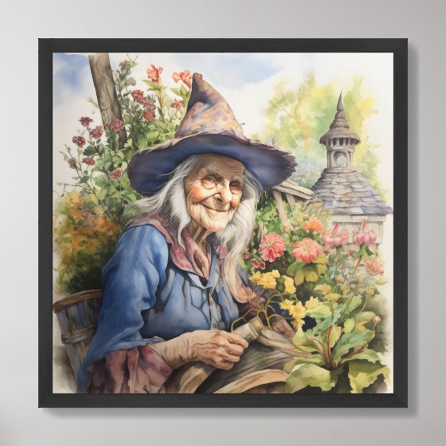 Lady with pointy hat sitting in flower garden framed art (Framed Front)