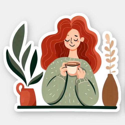 Lady With Red Hair Drinking Coffee Sticker