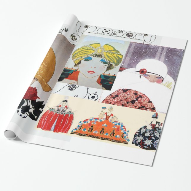 LADY WITH RED ROSE,ART DECO BEAUTY FASHION COSTUME WRAPPING PAPER (Unrolled)