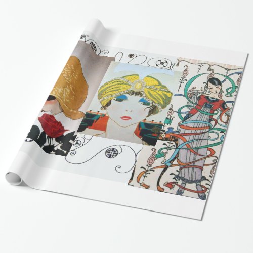 LADY WITH RED ROSEART DECO BEAUTY FASHION COSTUME WRAPPING PAPER