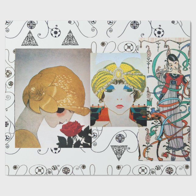 LADY WITH RED ROSE,ART DECO BEAUTY FASHION COSTUME WRAPPING PAPER (Flat)