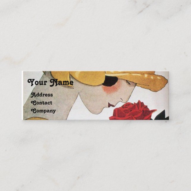 LADY WITH RED ROSE BEAUTY FASHION COSTUME DESIGNER MINI BUSINESS CARD (Front)