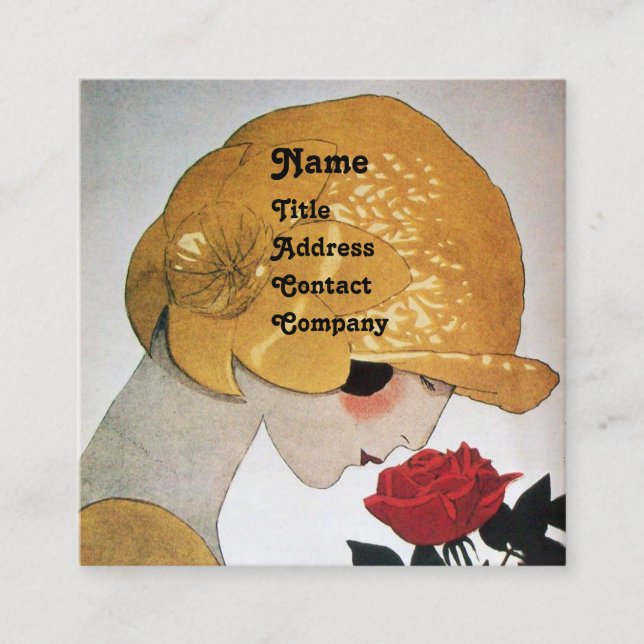 LADY WITH RED ROSE BEAUTY FASHION COSTUME DESIGNER SQUARE BUSINESS CARD (Front)