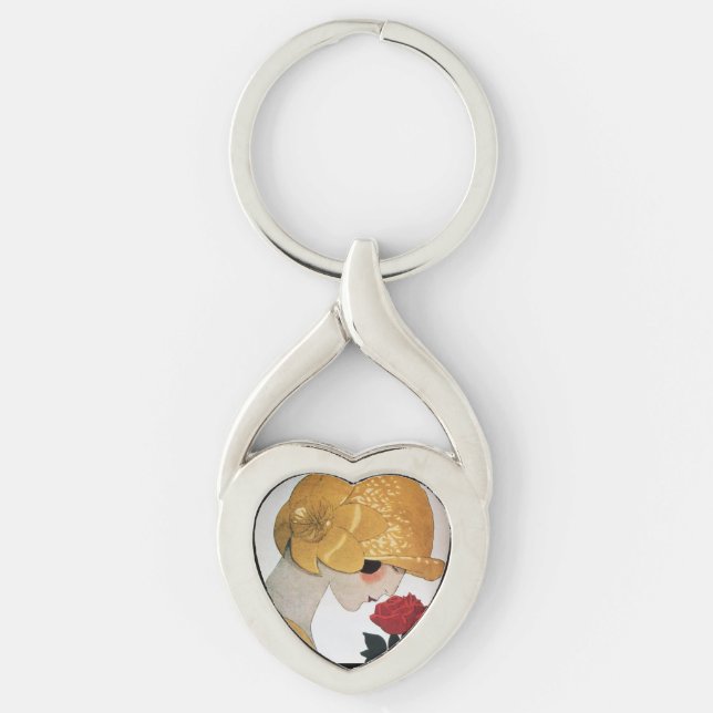 LADY WITH RED ROSE Beauty Fashion Heart Keychain (Front)