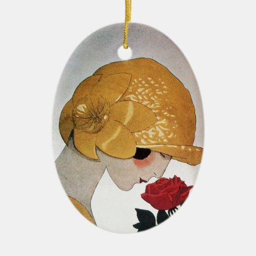 LADY WITH RED ROSE CERAMIC ORNAMENT