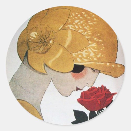 LADY WITH RED ROSE CLASSIC ROUND STICKER