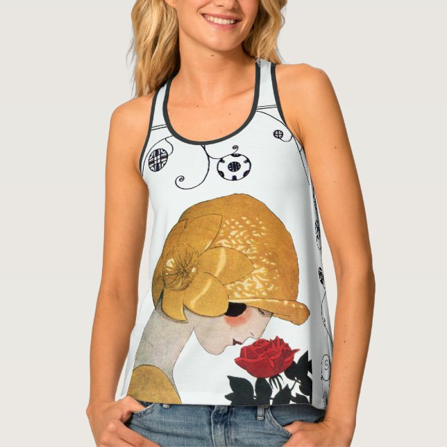 LADY WITH RED ROSE,GEOMETRIC SWIRLS Beauty Fashion Tank Top (Front)