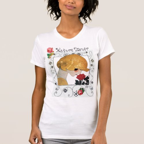 LADY WITH RED ROSE GEOMETRIC SWIRLS NATURE LOVER T_Shirt