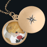 LADY WITH RED ROSE GOLD PLATED NECKLACE<br><div class="desc">Vibrant , classy  French Art Deco  high fashion illustration. Portrait of a beautiful young woman wearing a golden hat with flower,  black  white , yellow  , grey colors .Cool , modern and artistic design.</div>