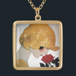 LADY WITH RED ROSE GOLD PLATED NECKLACE<br><div class="desc">Vibrant , classy  French Art Deco  high fashion illustration. Portrait of a beautiful young woman wearing a golden hat with flower,  black  white , yellow  , grey colors .Cool , modern and artistic design.</div>