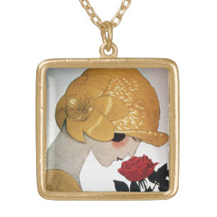 LADY WITH RED ROSE GOLD PLATED NECKLACE