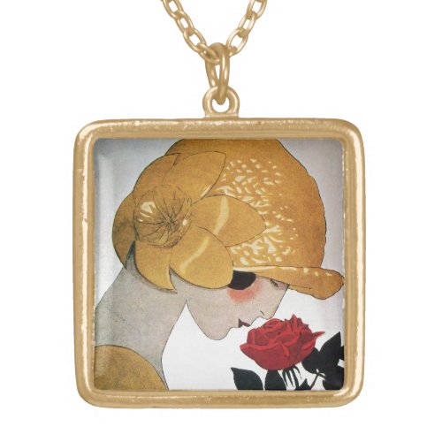 LADY WITH RED ROSE GOLD PLATED NECKLACE