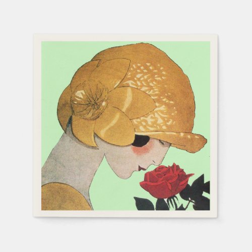 LADY WITH RED ROSE Green Paper Napkins