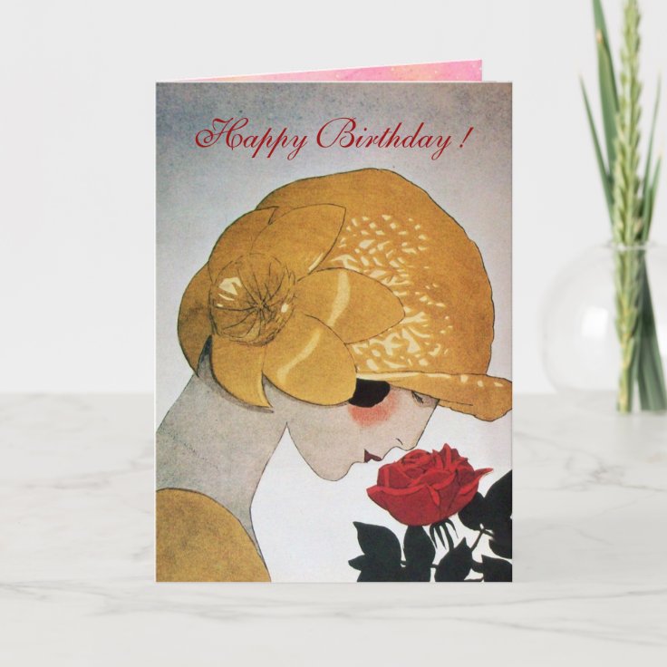 LADY WITH RED ROSE Happy Birthday Card | Zazzle