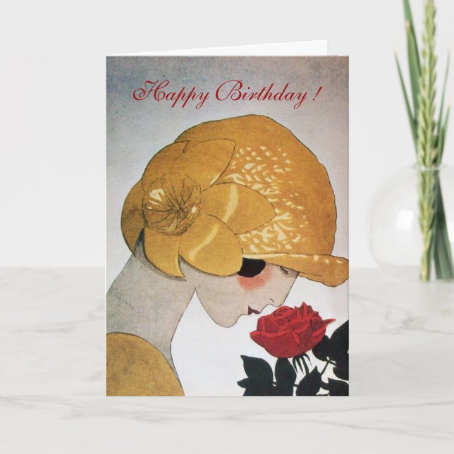 LADY WITH RED ROSE Happy Birthday Card (Front)