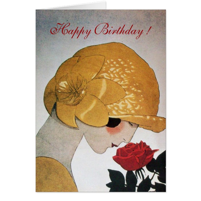 LADY WITH RED ROSE Happy Birthday Card