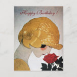 LADY WITH RED ROSE Happy Birthday Postcard<br><div class="desc">Vibrant , classy  French Art Deco  high fashion illustration. Portrait of a beautiful young woman wearing a golden hat with flower,  black  white , yellow  , grey colors .Cool , modern and artistic design.</div>