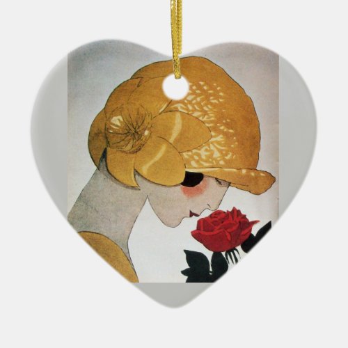 LADY WITH RED ROSE HEART CERAMIC ORNAMENT